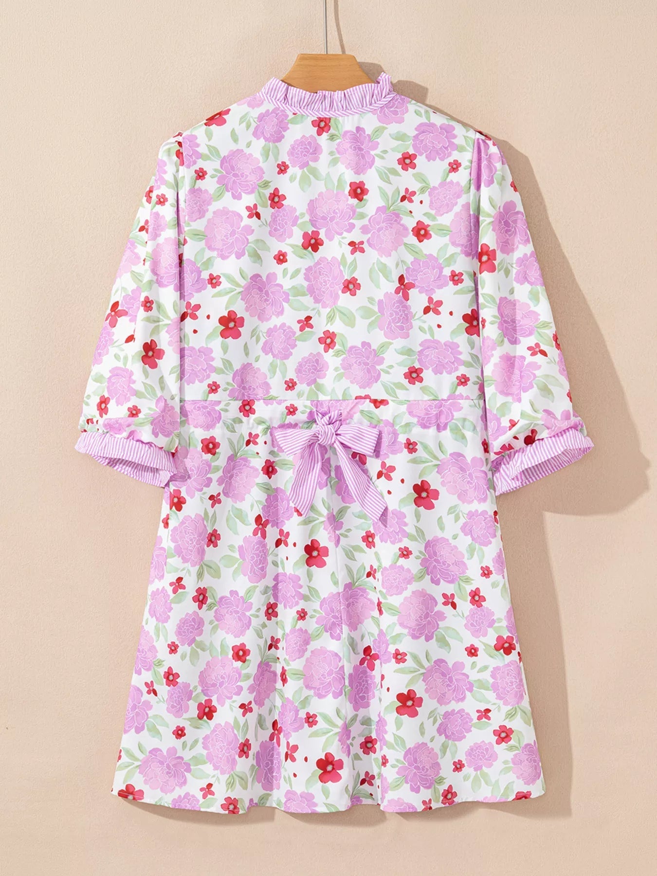 Floral Print Striped Trim Frilled Neck 3/4 Sleeve Flared Mini Dress 