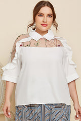 Plus Size Embroidered Ruffle Trim Collared Half Sleeve Blouse 