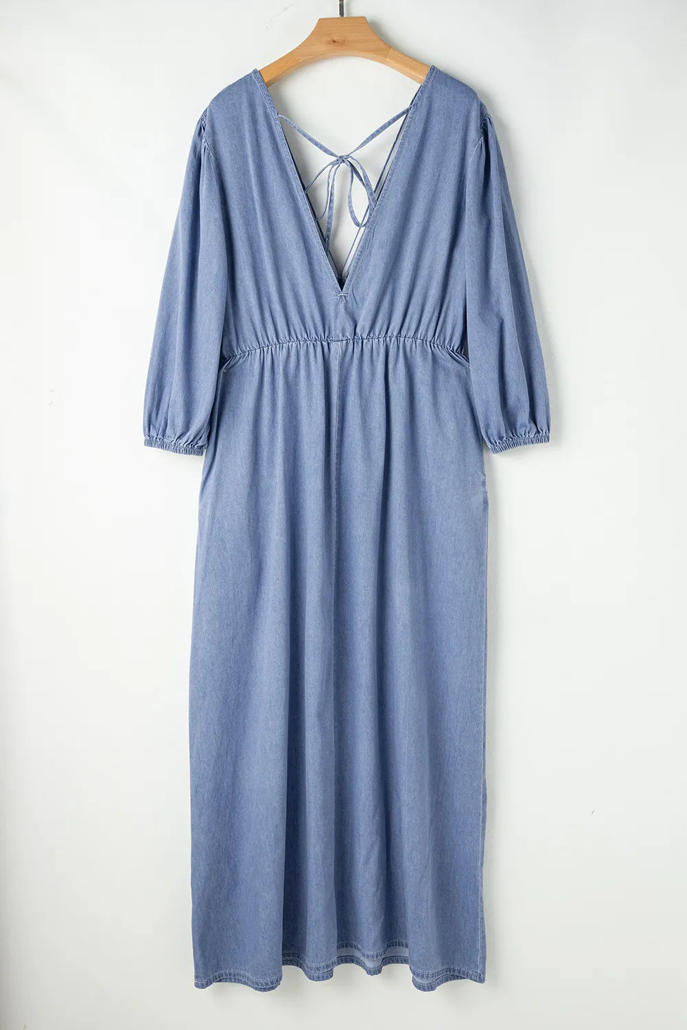Tied Plunge Three-Quarter Sleeve Denim Dress 