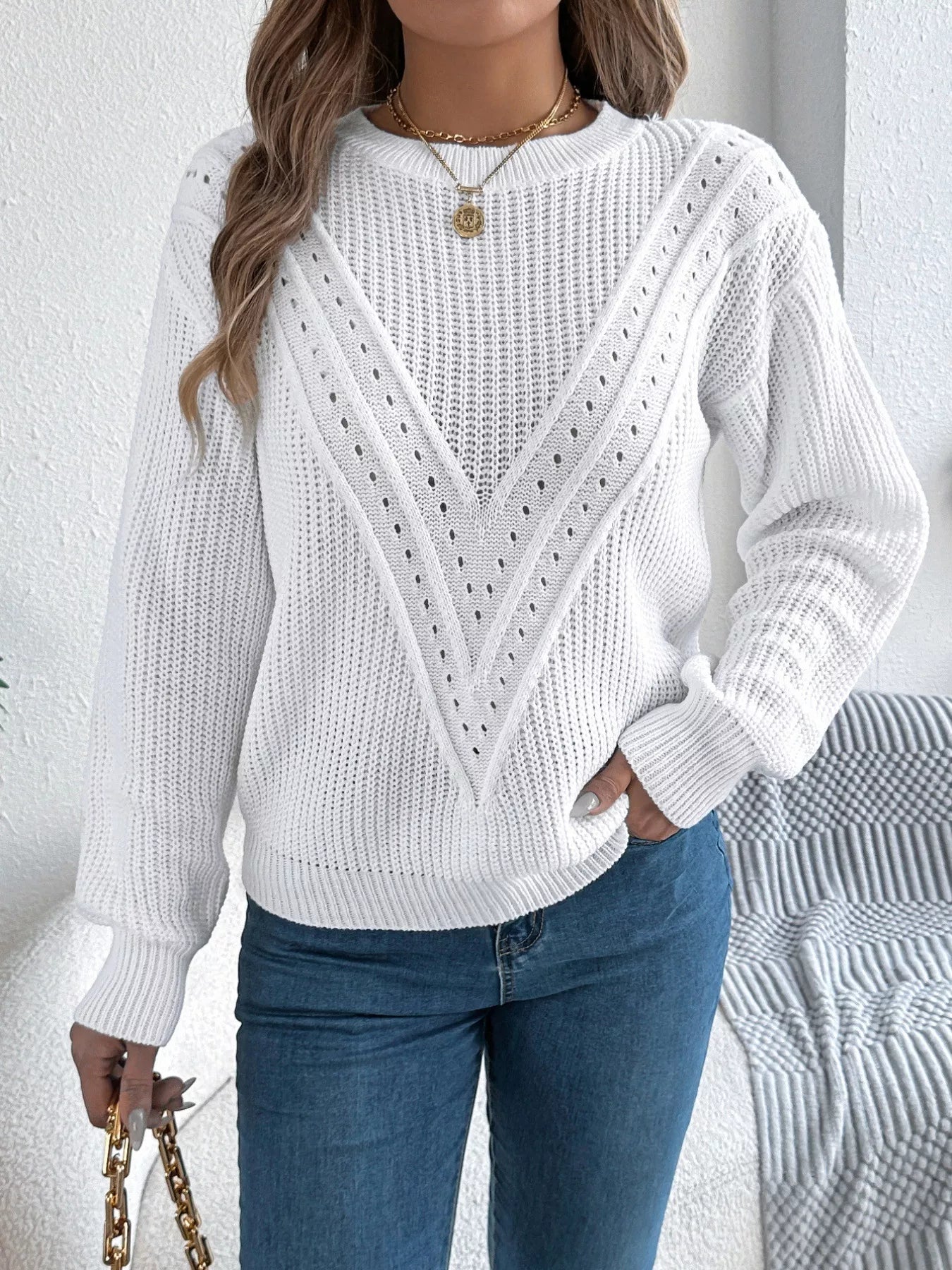 Openwork Round Neck Sweater 