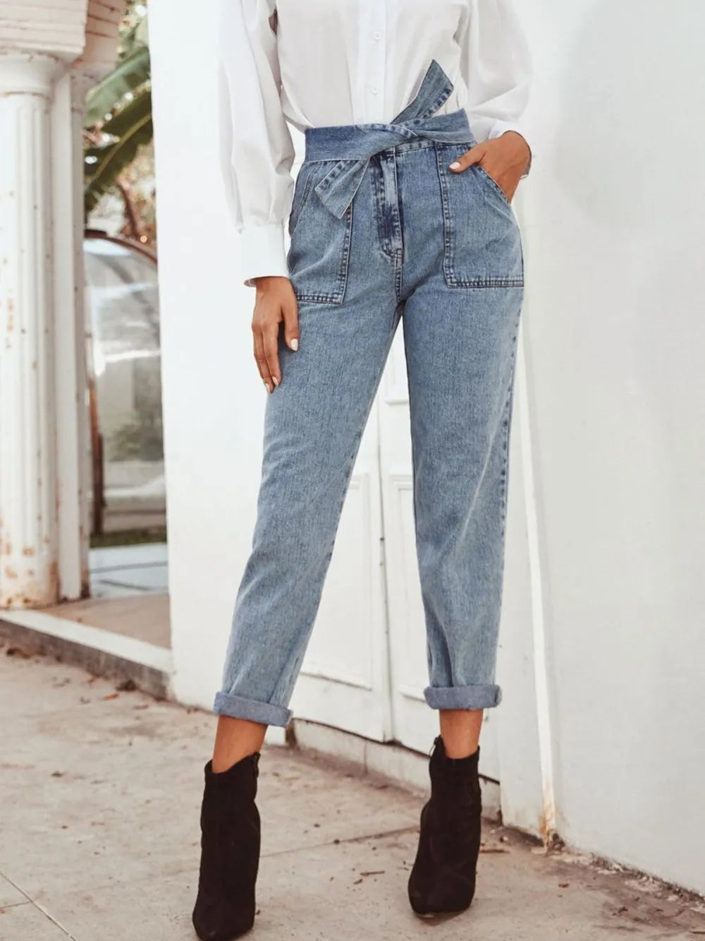 Tied Straight Leg Jeans with Pockets 