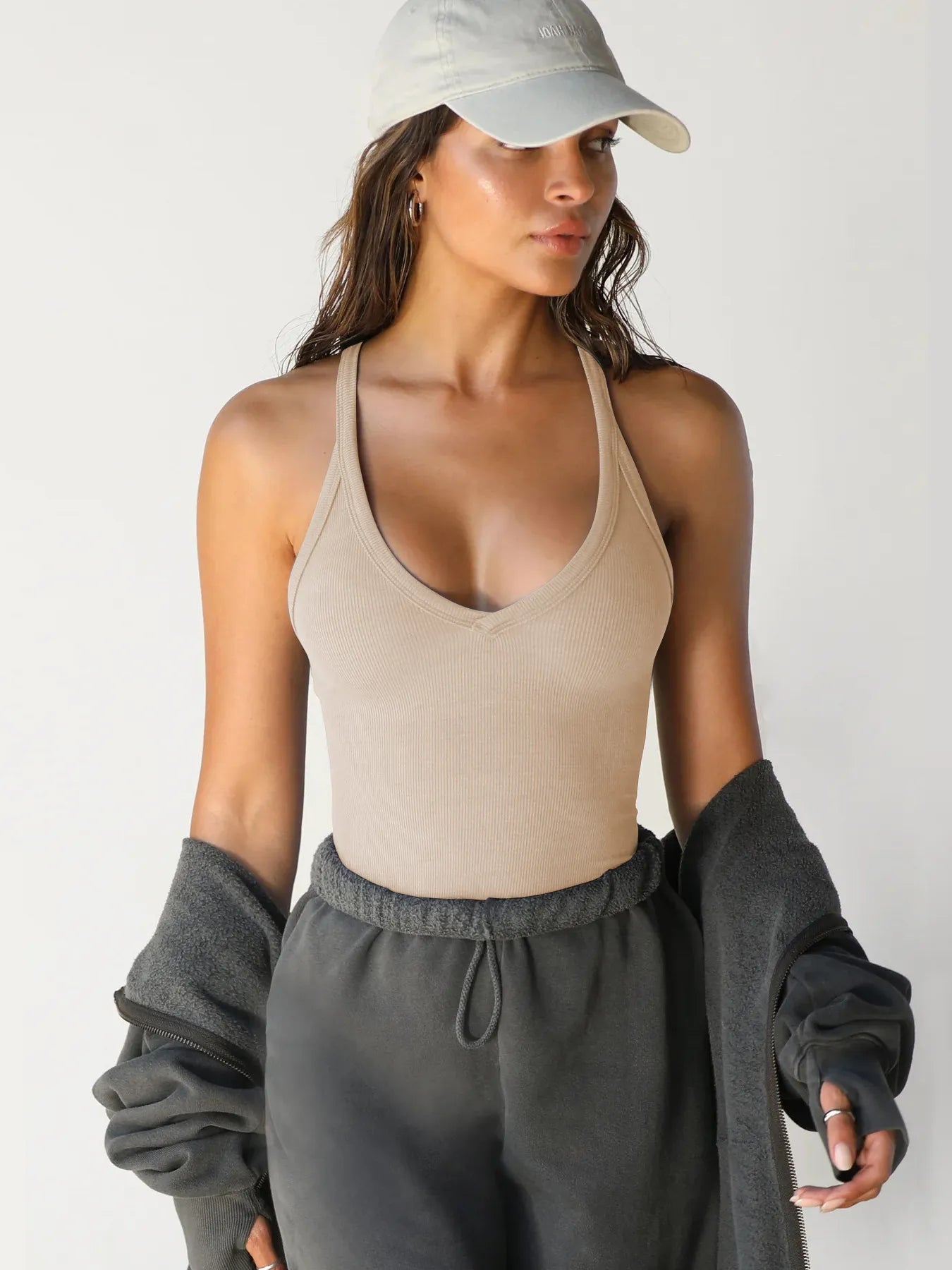 Ribbed V-Neck Halter Tank Top 