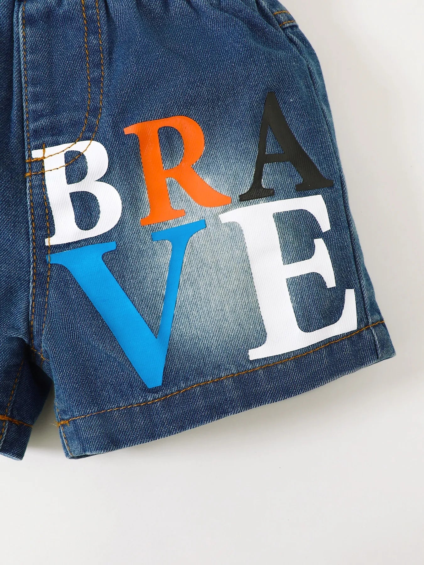Children's Letter Round Neck Top and Denim Shorts Set 