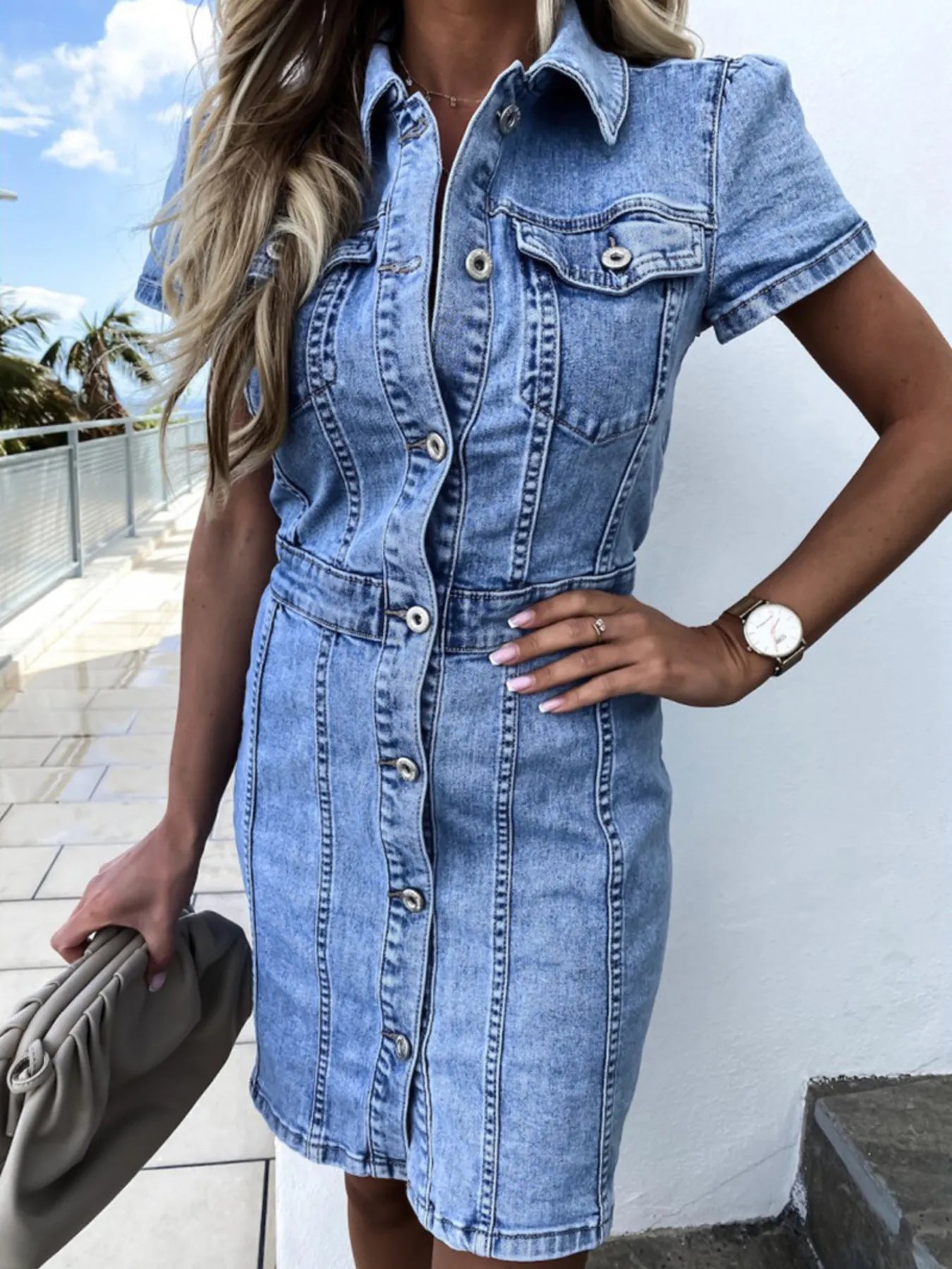 Button Front Short Sleeve Denim Dress 