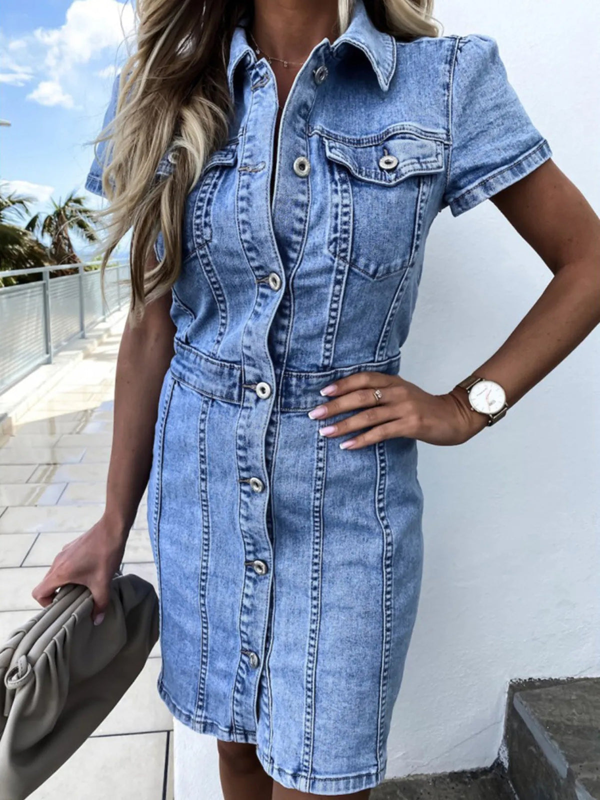 Button Front Short Sleeve Denim Dress 