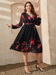 Honey Plus Size Floral Surplice Neck Tie Waist Dress 