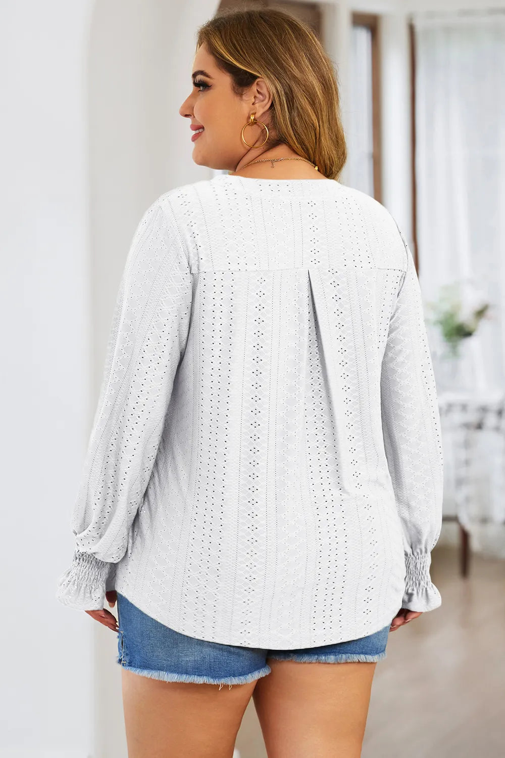 Plus Size Eyelet Notched Flounce Sleeve Blouse 