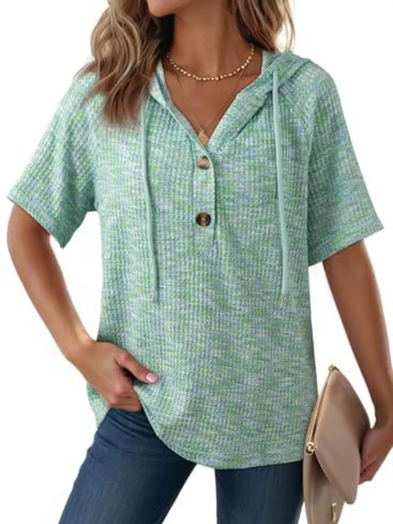 Drawstring Short Sleeve Hooded Top 