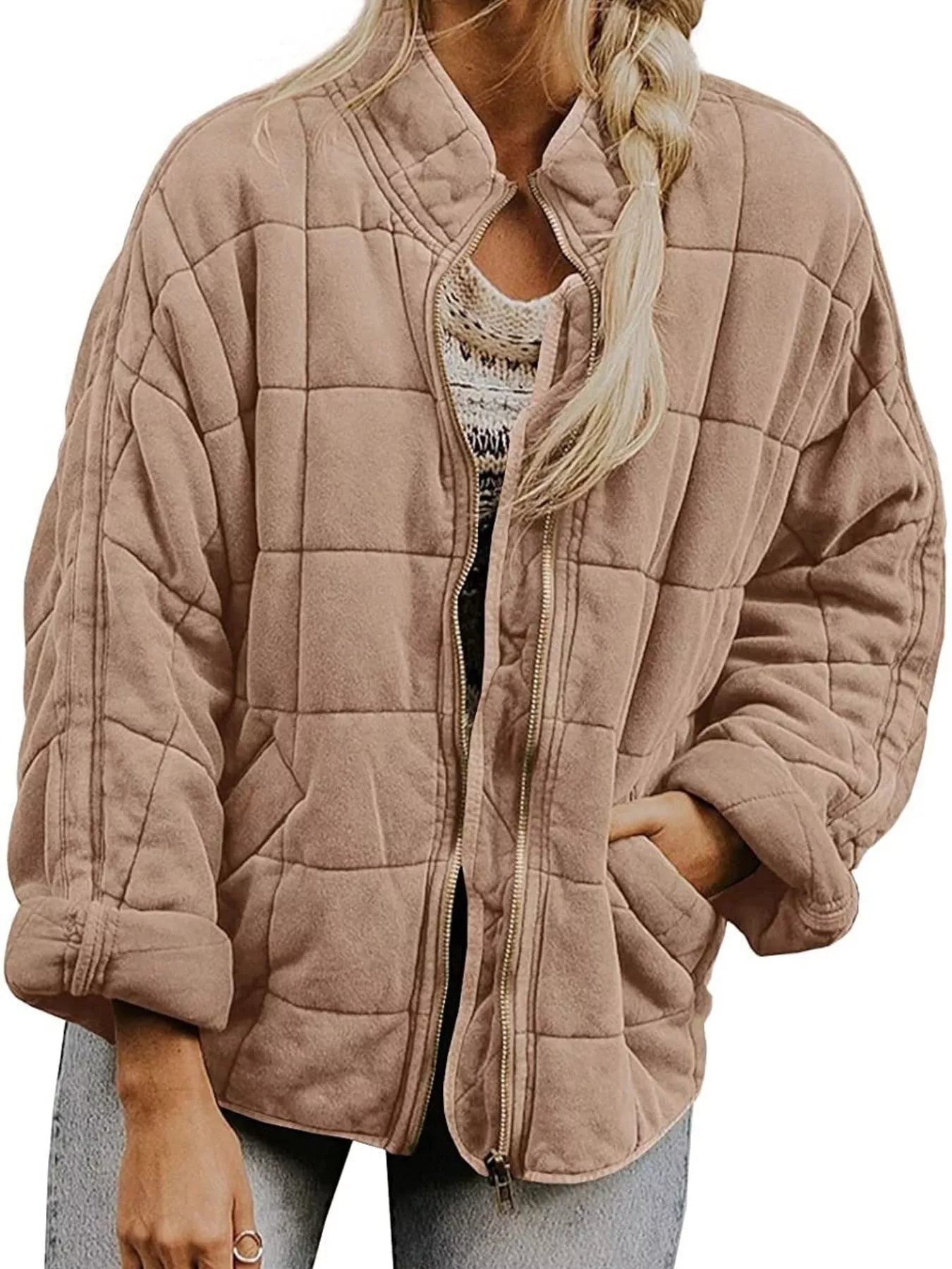 Full Size Zip Up Quilted Bomber Jacket Plus Size 