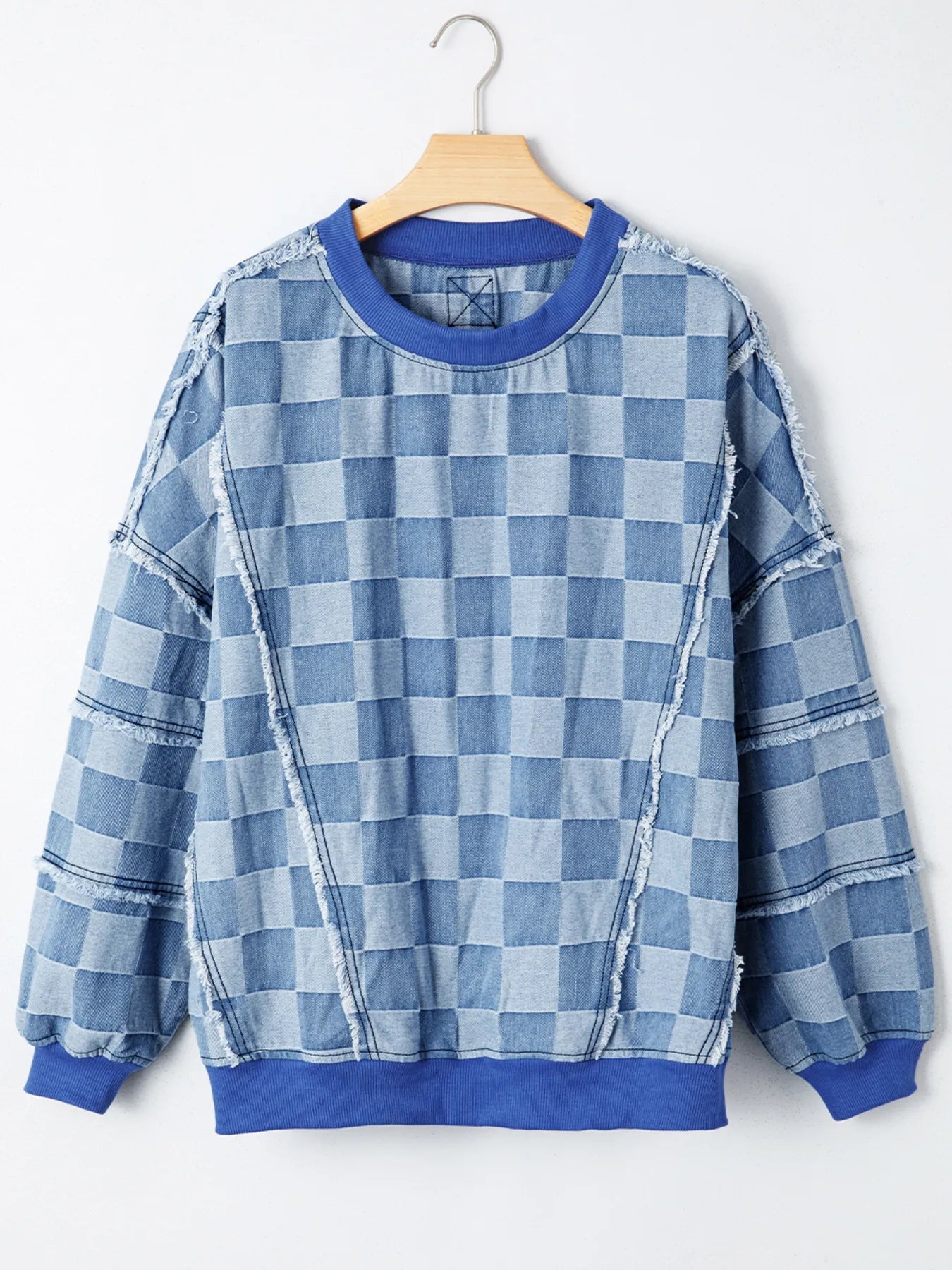 Checkerboard Splicing Raw Detail Oversized Denim Top 