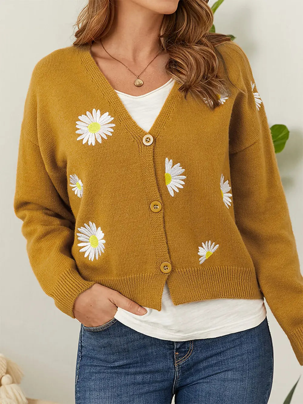 Flower Button Front Dropped Shoulder Cardigan 