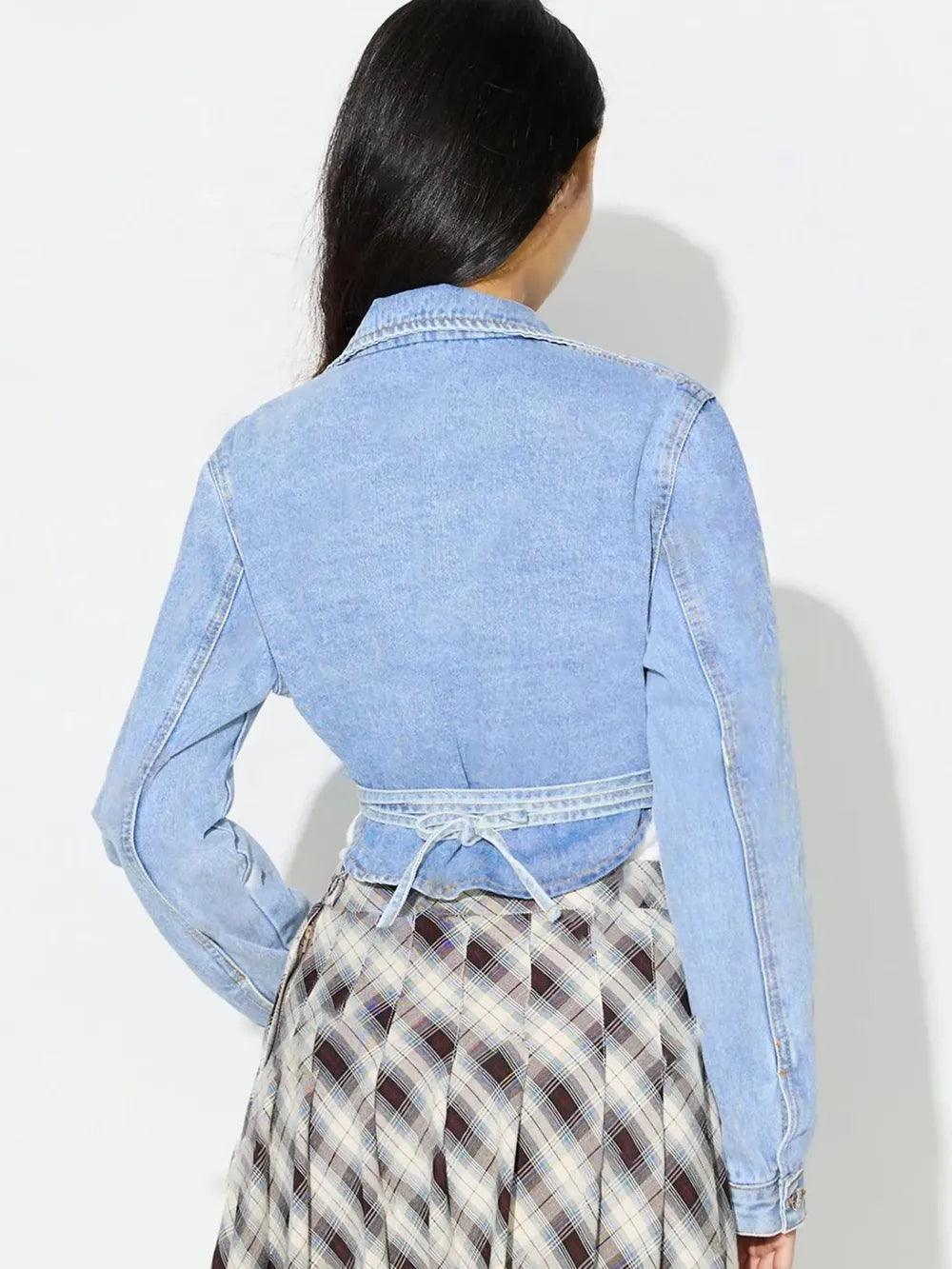 Asymmetric Slit Collared Neck Long Denim Top 