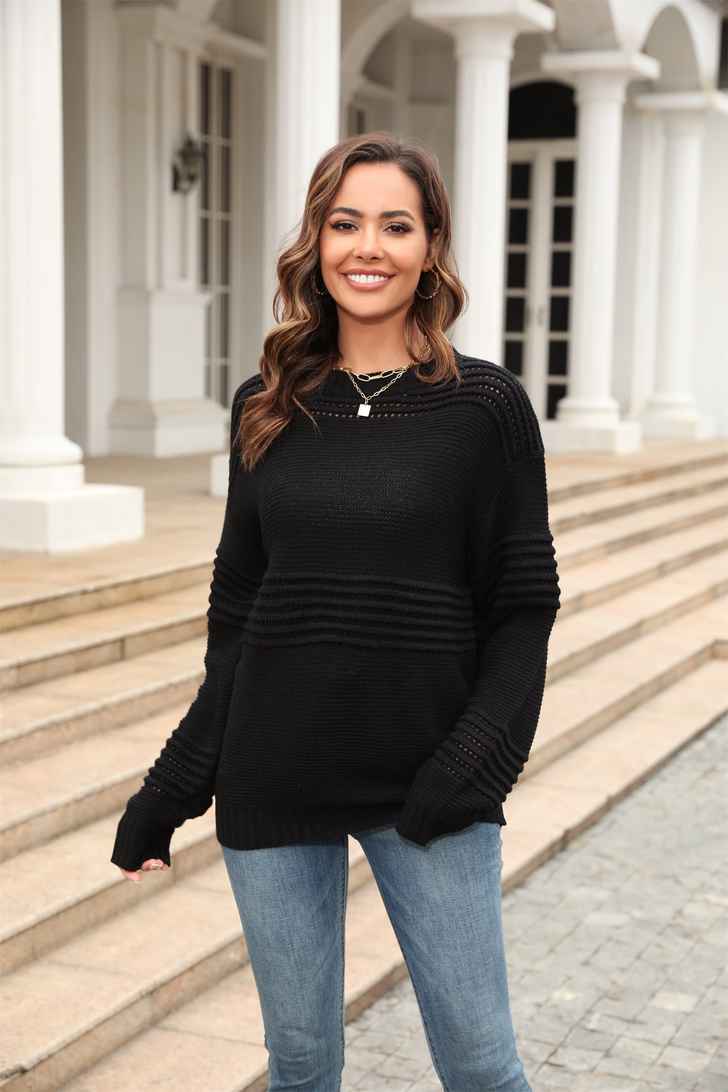 Angel Wings Round Neck Openwork Long Sleeve Pullover Sweater 