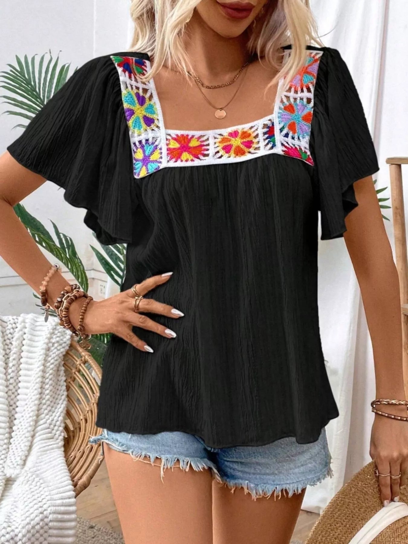Embroidered Square Neck Flutter Sleeve Blouse 