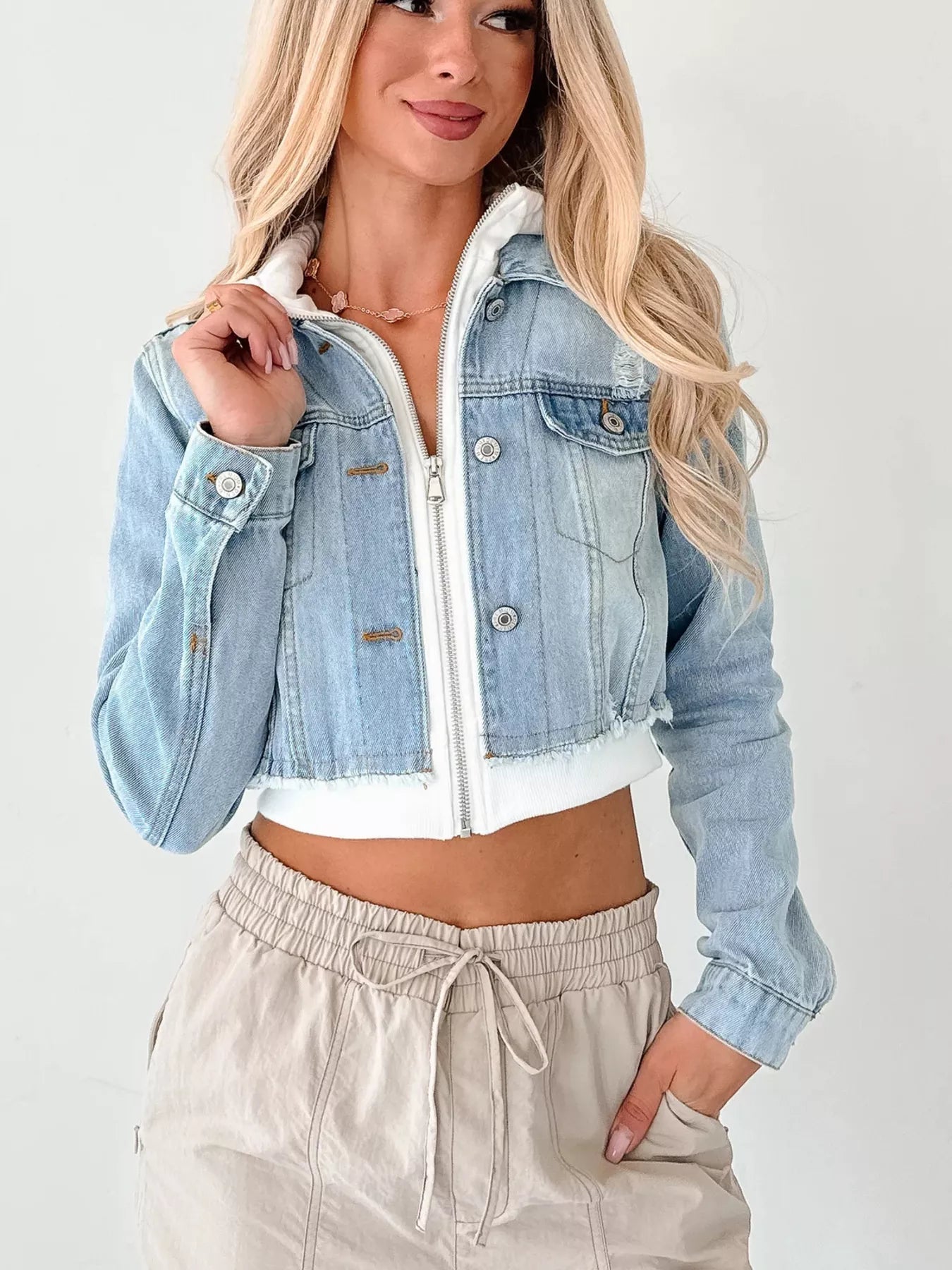Distressed Zip Up Cropped Hooded Denim Jacket 