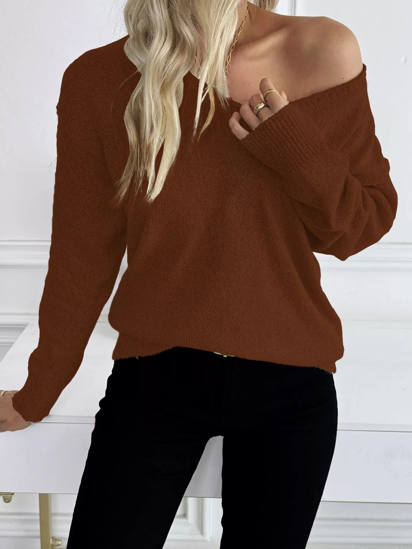 Casual V-Neck Drop Shoulder Sweater 