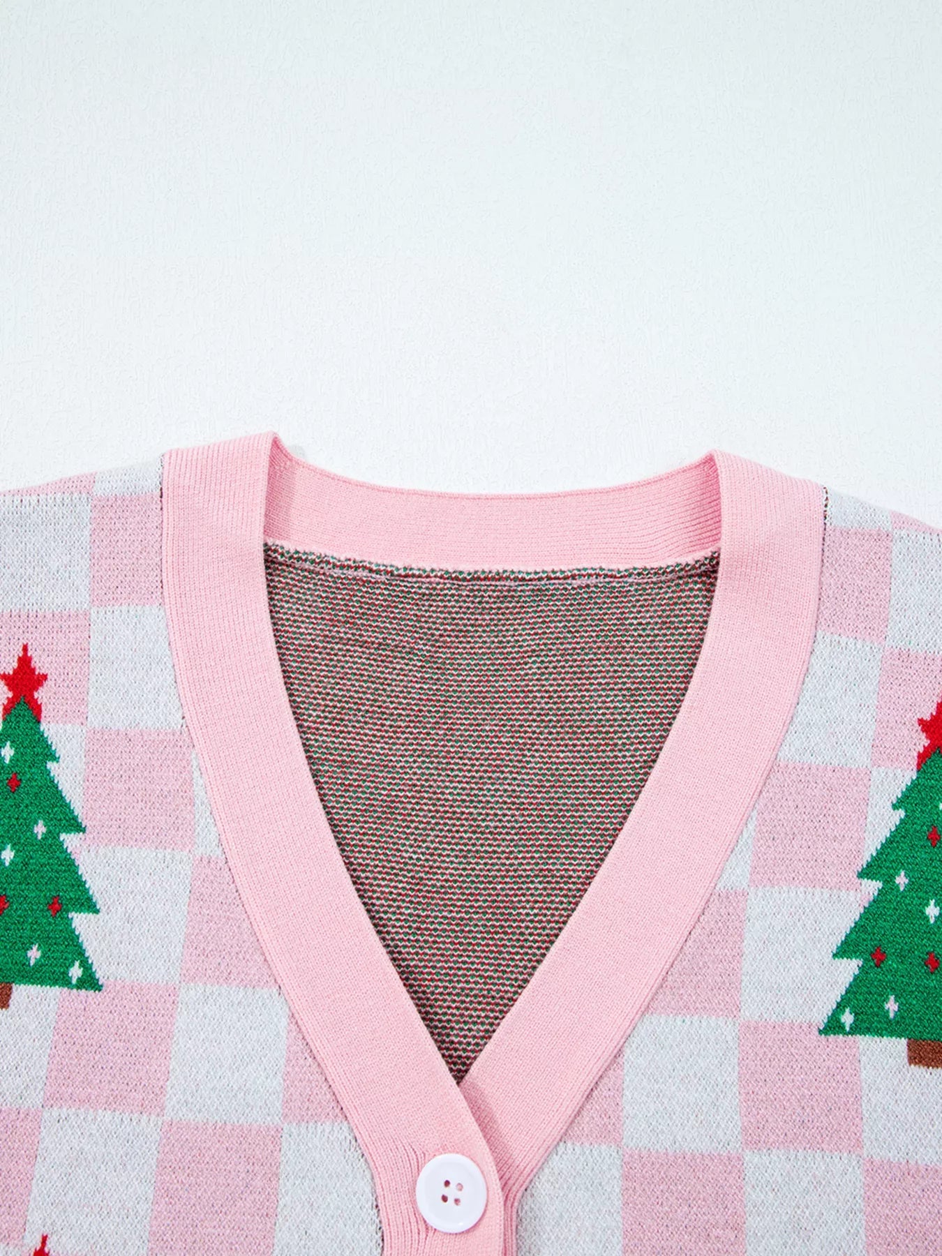 Christmas Tree Pattern Checkered Button V Neck Cardigan 