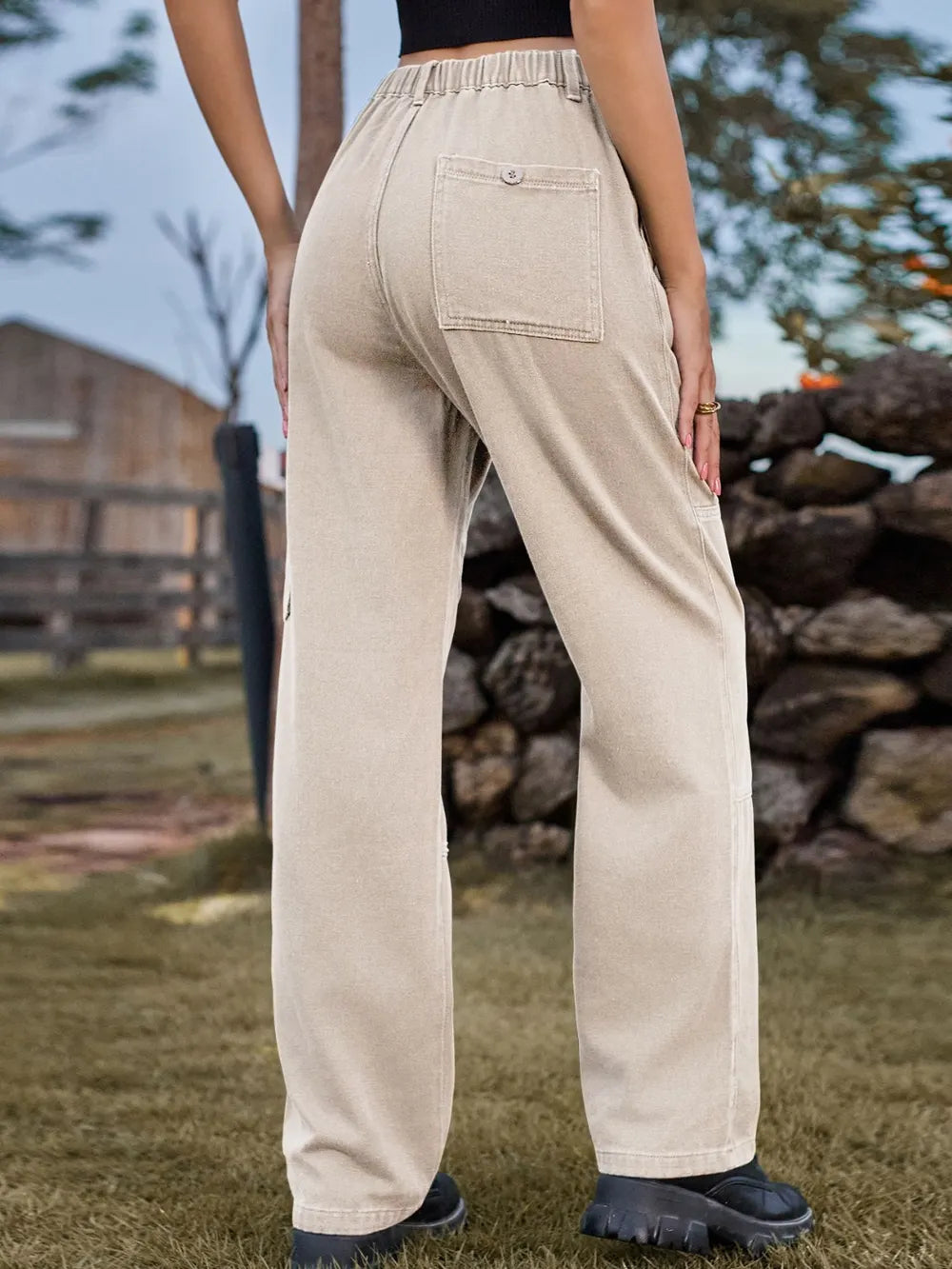 High Waist Cargo Straight Jeans 