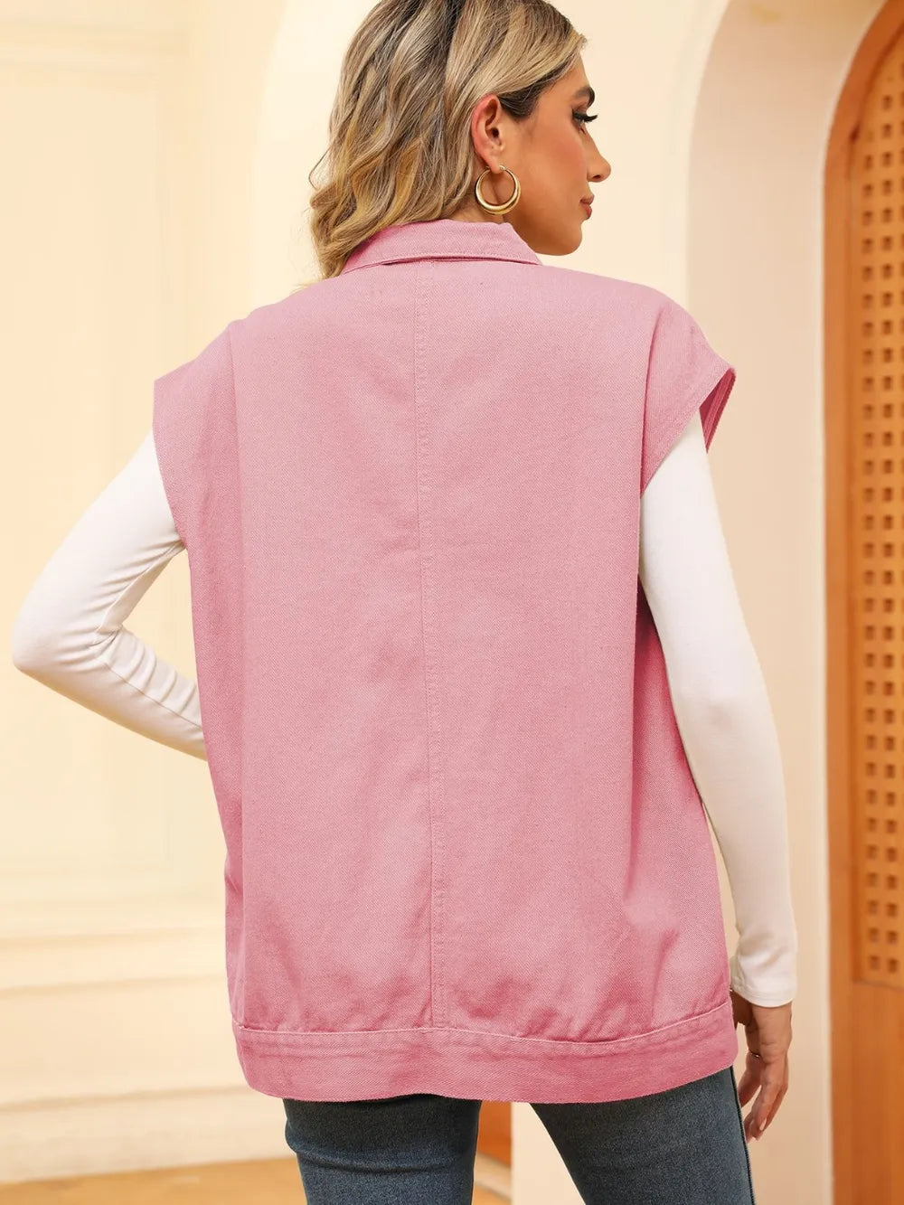 Pocketed Button Up Sleeveless Denim Jacket 