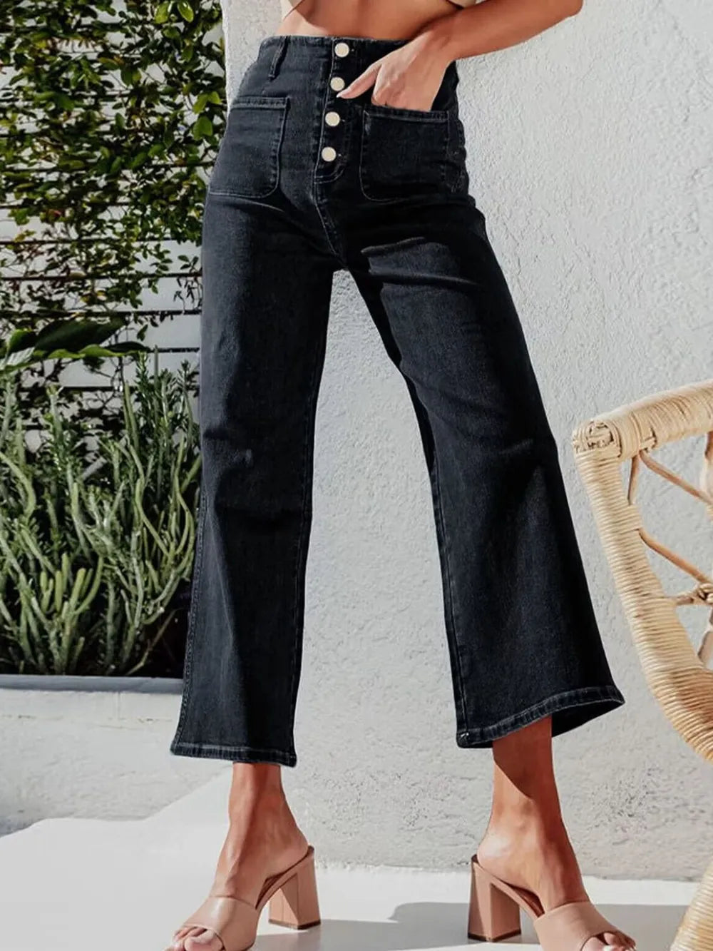 Button Fly Cropped Jeans with Pockets 