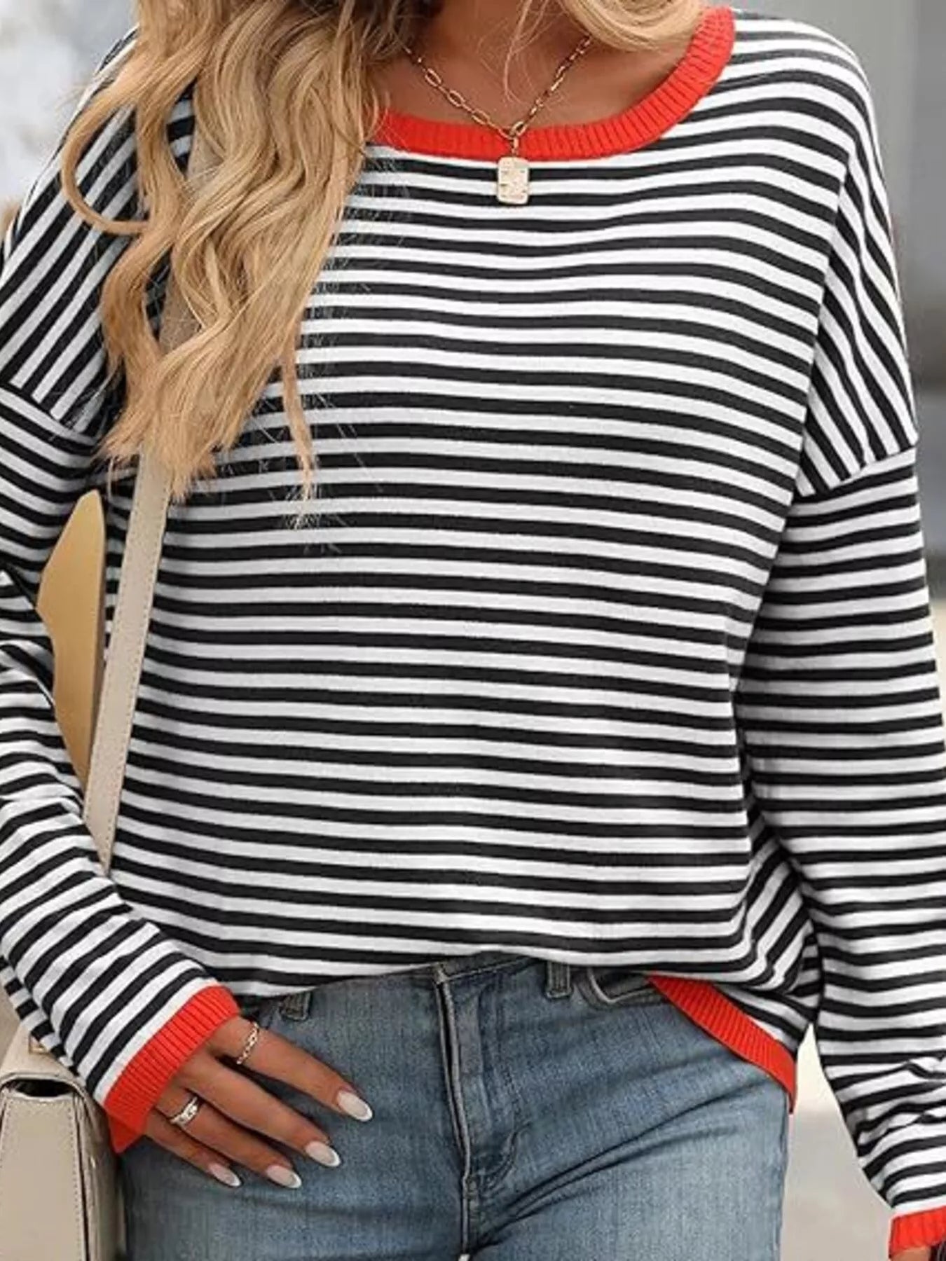 Plus Size Contrast Striped Long Sleeve Sweater 