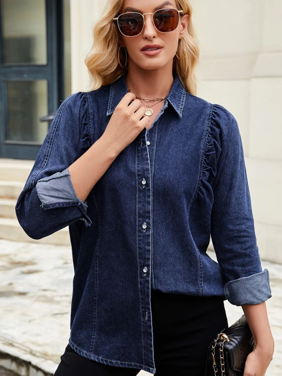 Button Down Collared Neck Denim Shirt 