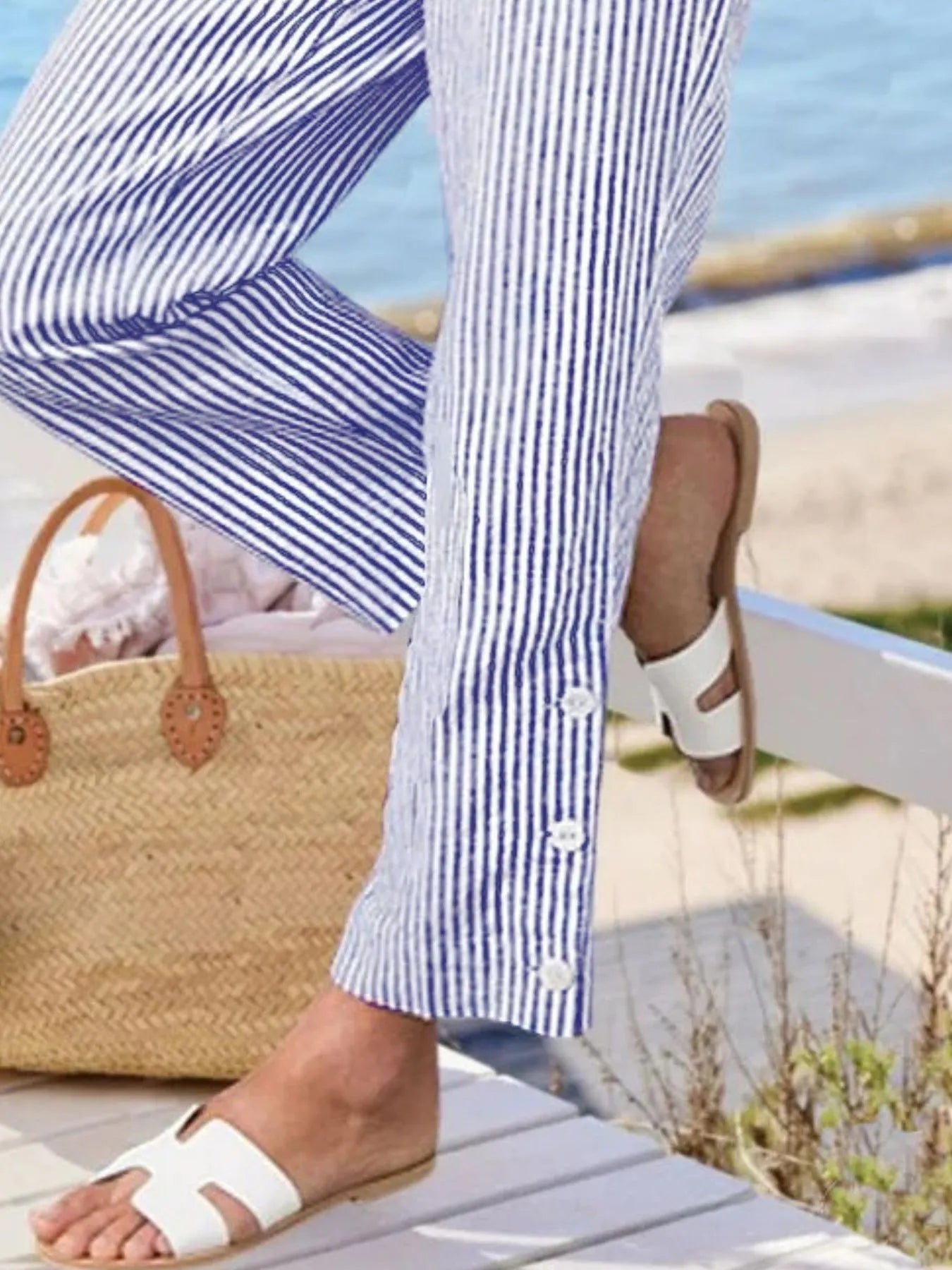 Full Size Striped Side Button Detail Pants Plus Size 