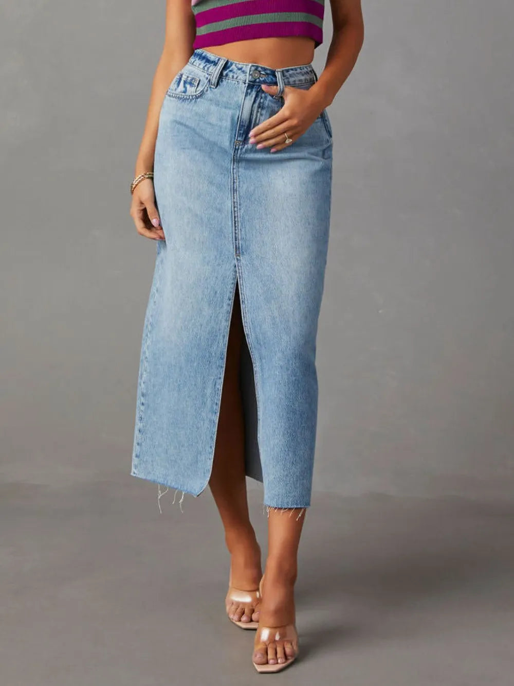 Raw Hem Front Slit Denim Midi Skirt 
