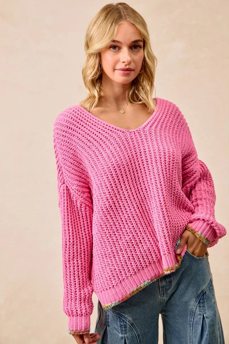 BiBi V-Neck Sweater with Colorful Trim 