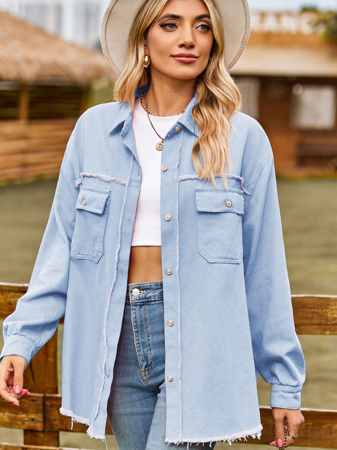 Button Up Collared Neck Raw Hem Denim Top 