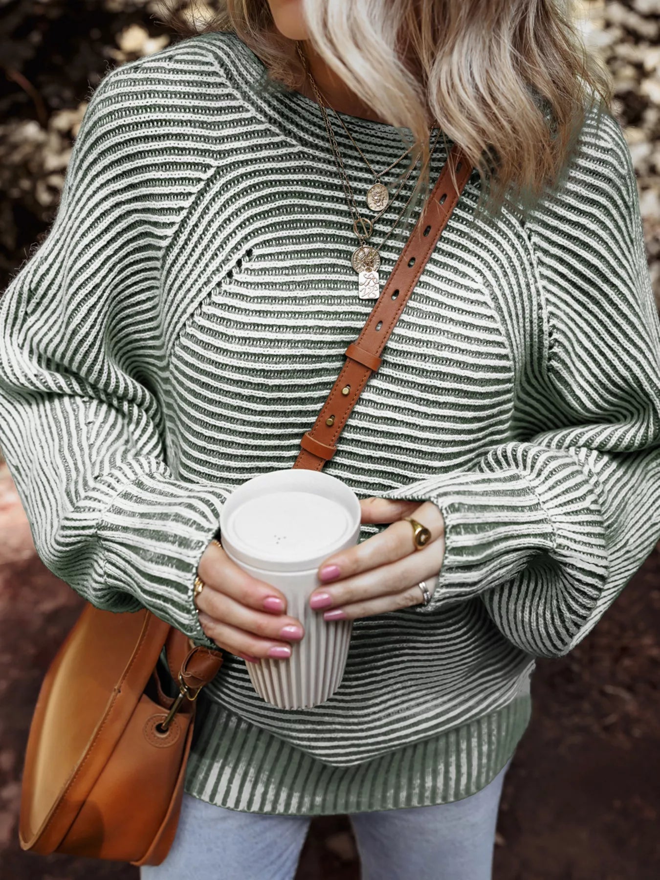 Striped Ribbed Knit Boat Neck Baggy Sweater 