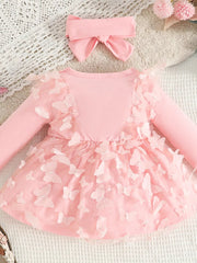 Children's Butterfly Decor Flower Applique Dress with Headband 