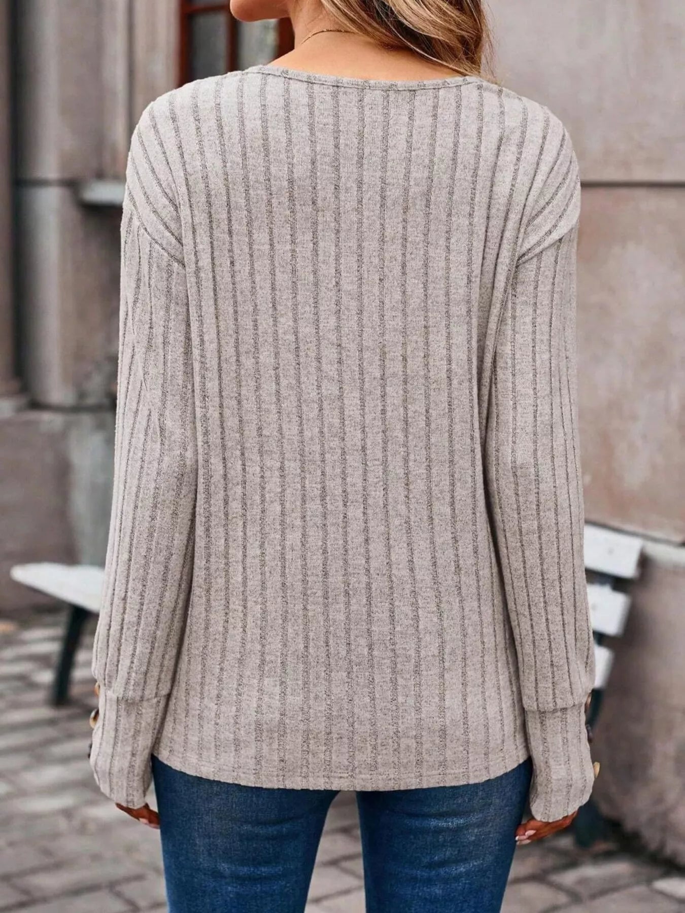 Ribbed V-Neck Long Sleeve Top 