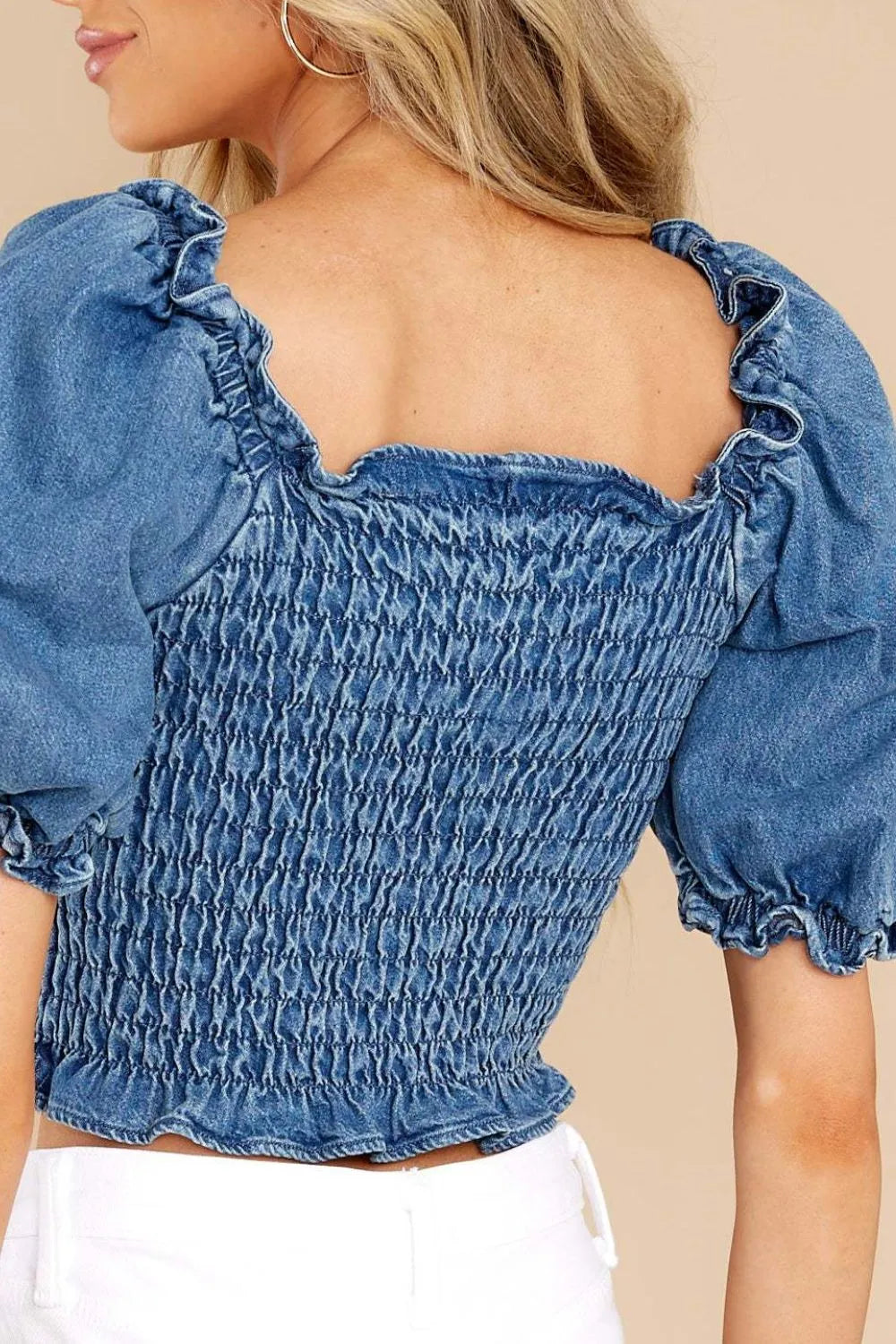 Puff Sleeve Smocked Cropped Denim Top 
