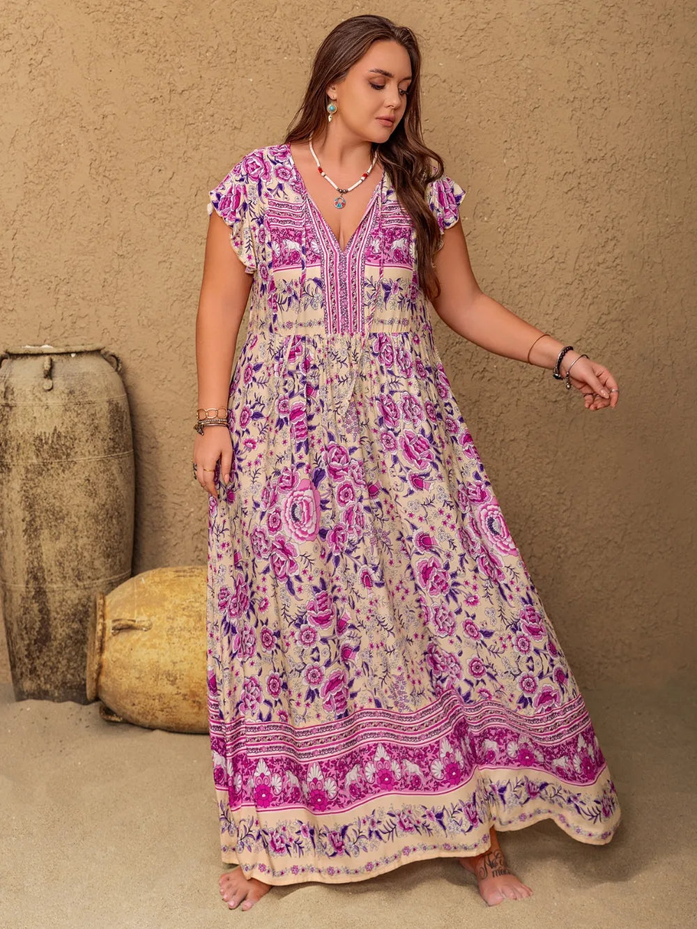 Plus Size Printed V-Neck Cap Sleeve Maxi Dress 