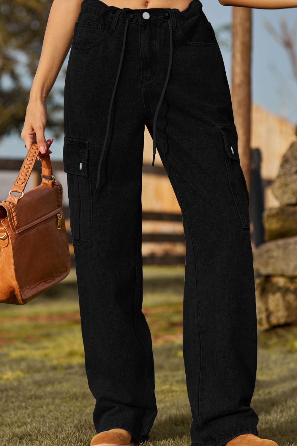 Loose Fit Drawstring Jeans with Pocket 