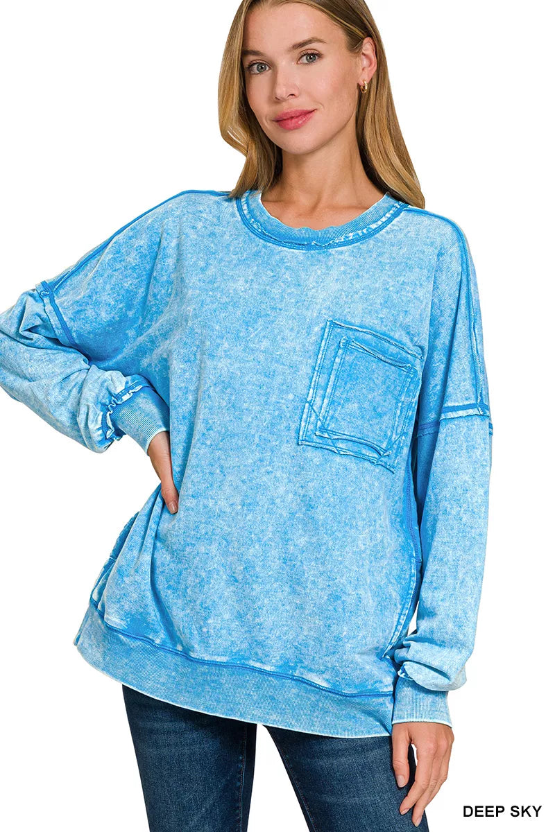 Zenana Acid Wash Raw Edge French Terry Sweatshirt with Front Pocket 