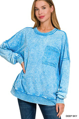 Zenana Acid Wash Raw Edge French Terry Sweatshirt with Front Pocket 