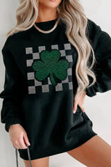 Rhinestone Checkered Lucky Clover Round Neck Sweatshirt 