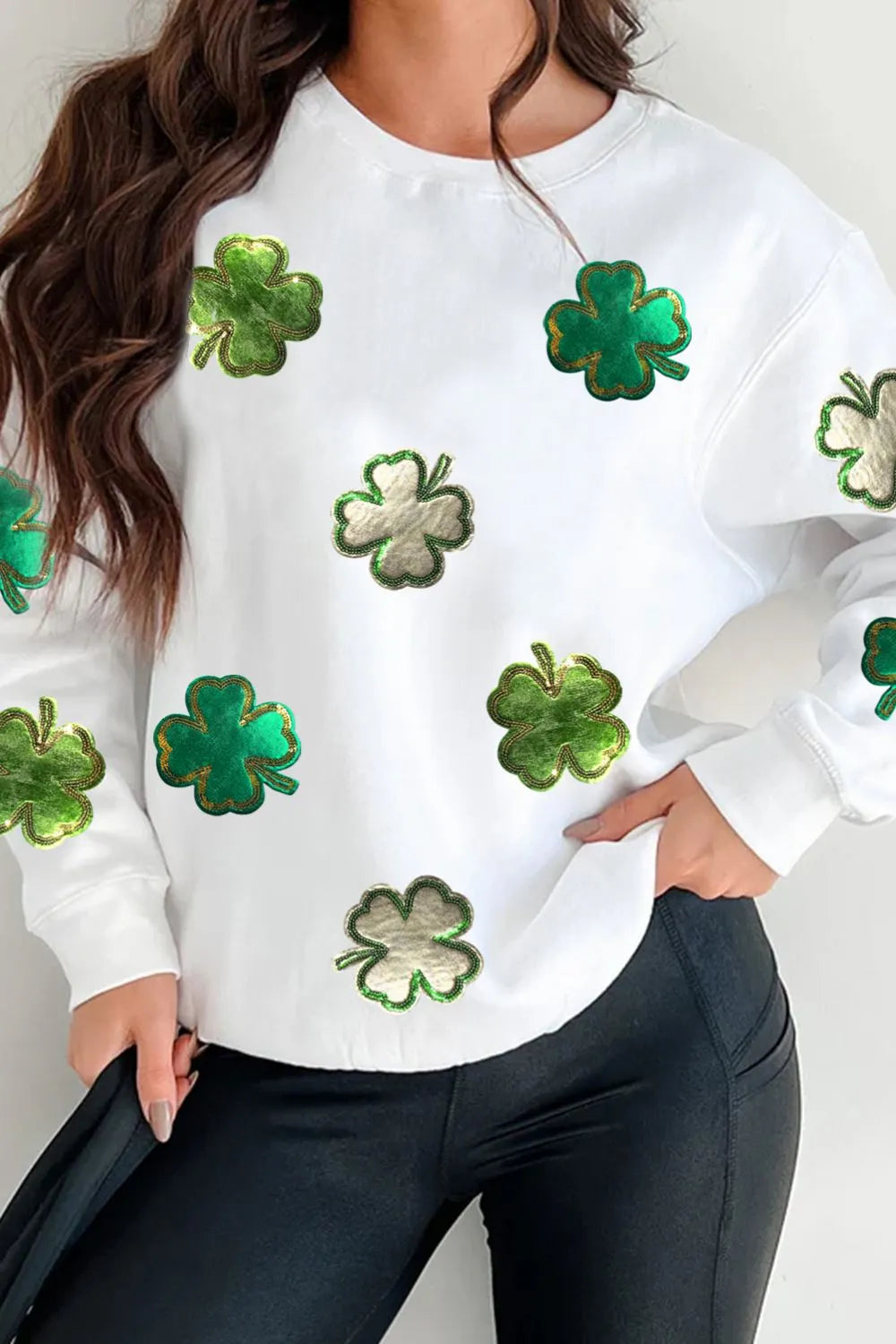Lucky Clover Round Neck Long Sleeve Sweatshirt 