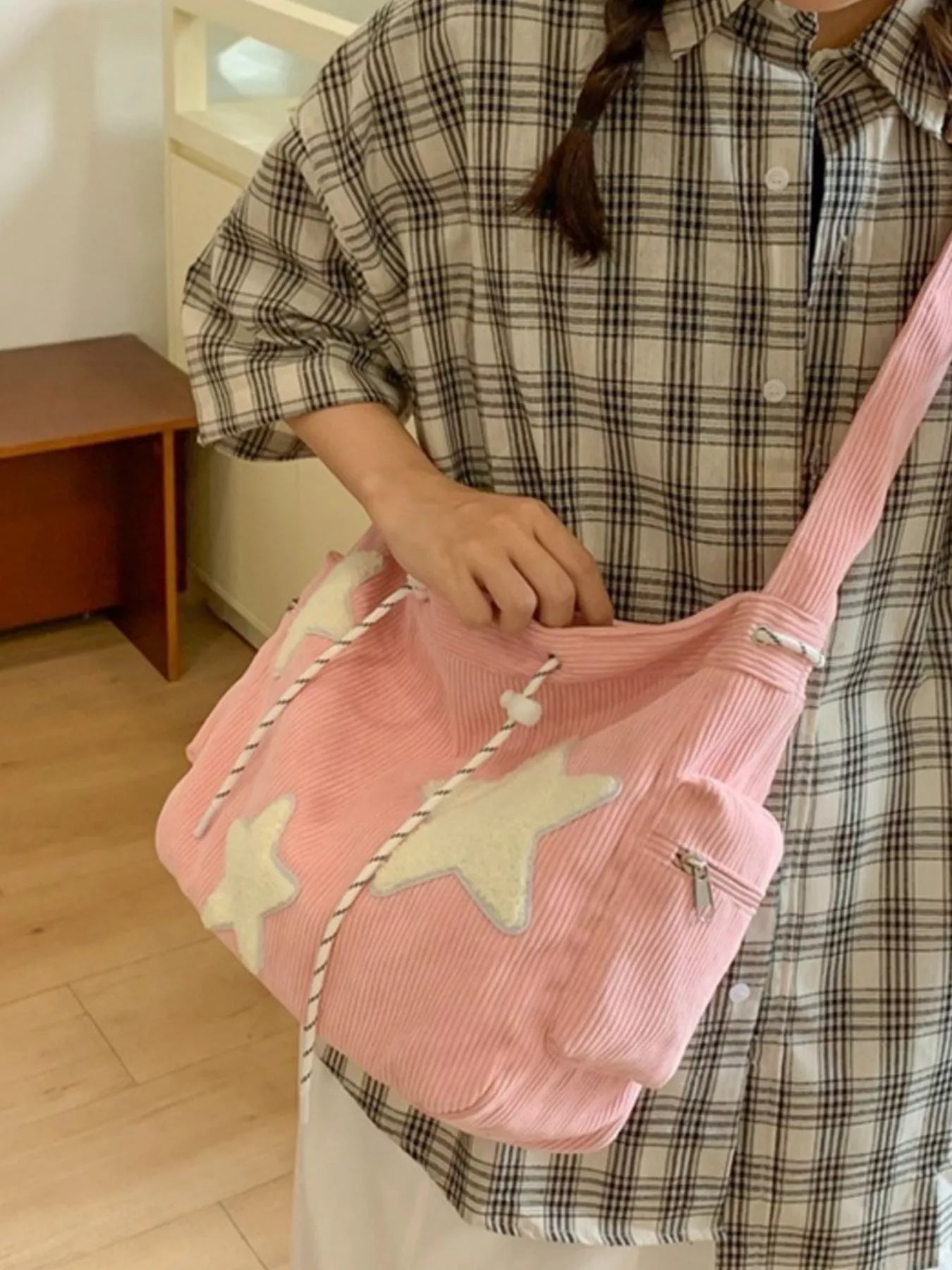 Corduroy Star Applique Casual Crossbody Bag 