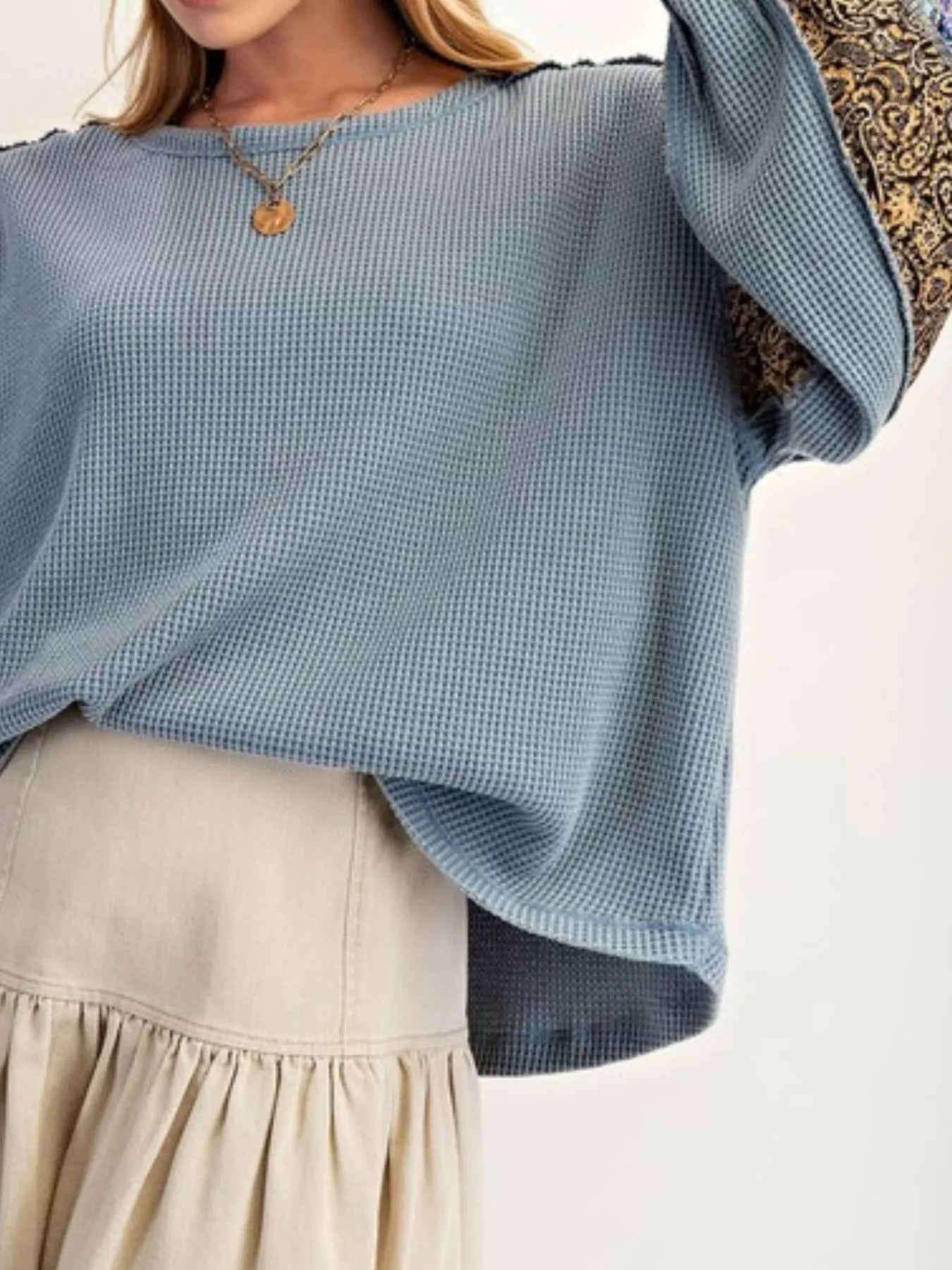 Waffle Knit Round Neck Dropped Shoulder Sweatshirt 