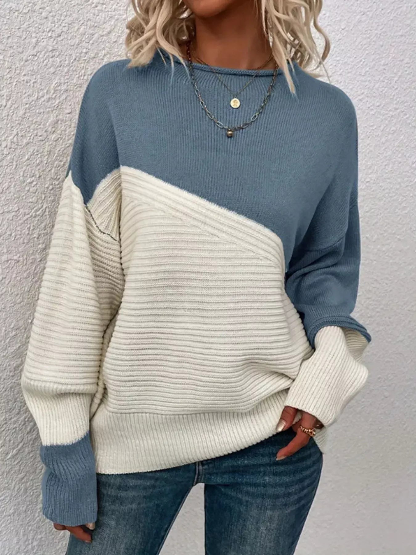 Color Block Ribbed Knit Sweater 