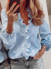 Ruffled V-Neck Long Sleeve Blouse 