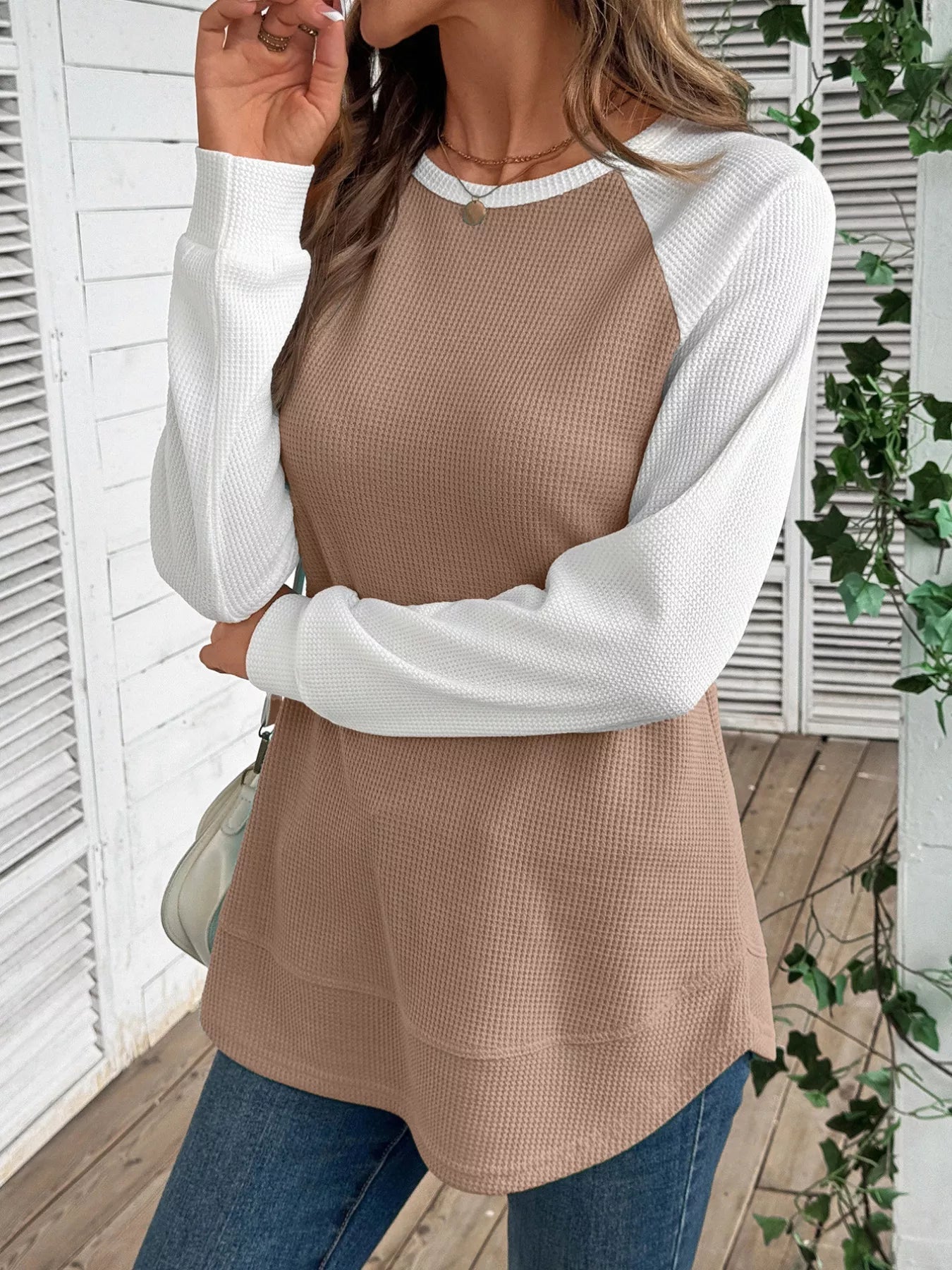 Contrast Raglan Sleeve Waffle Knit T-Shirt 