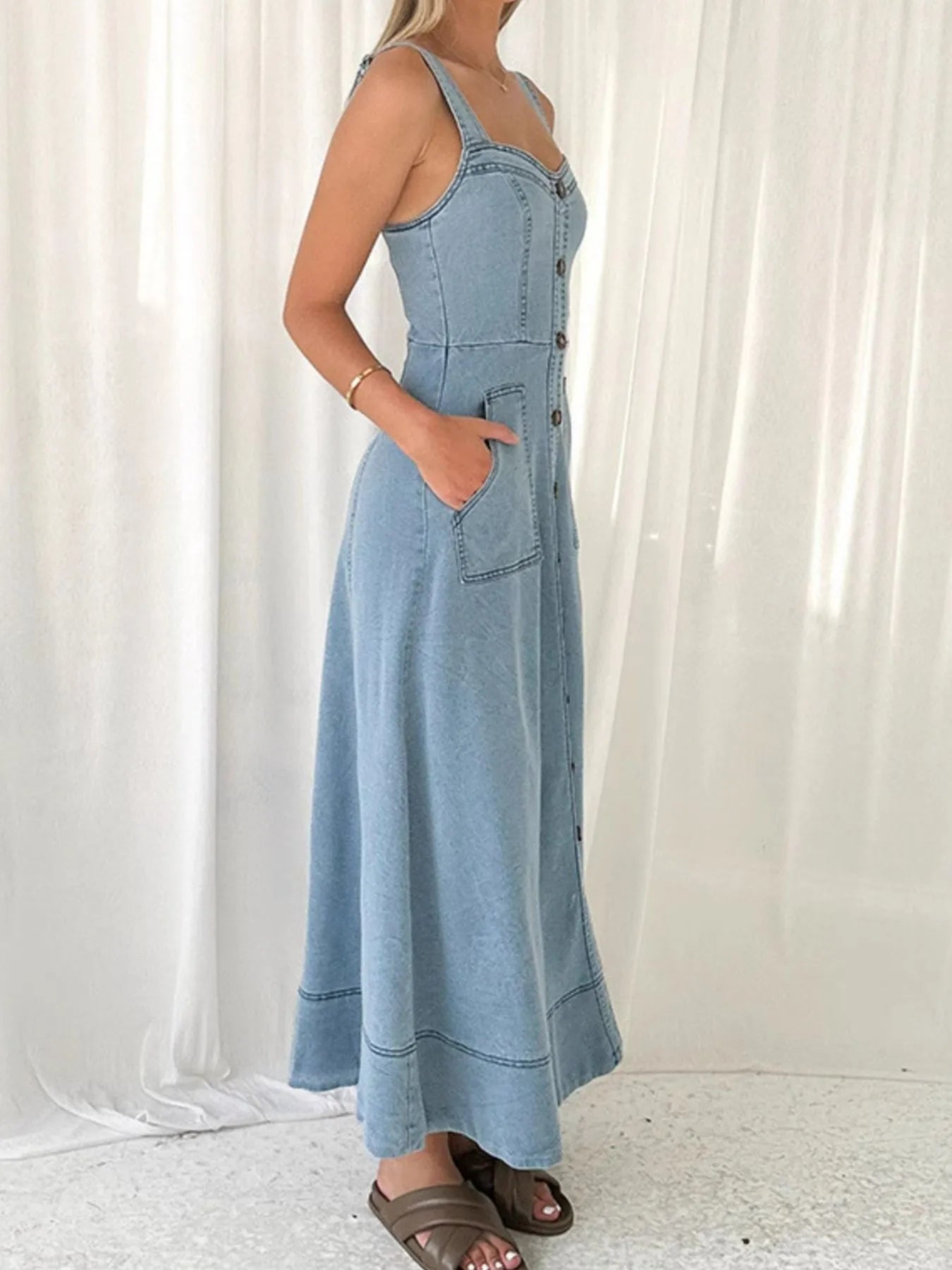 Wide Strap Sweetheart Neck Denim Dress 