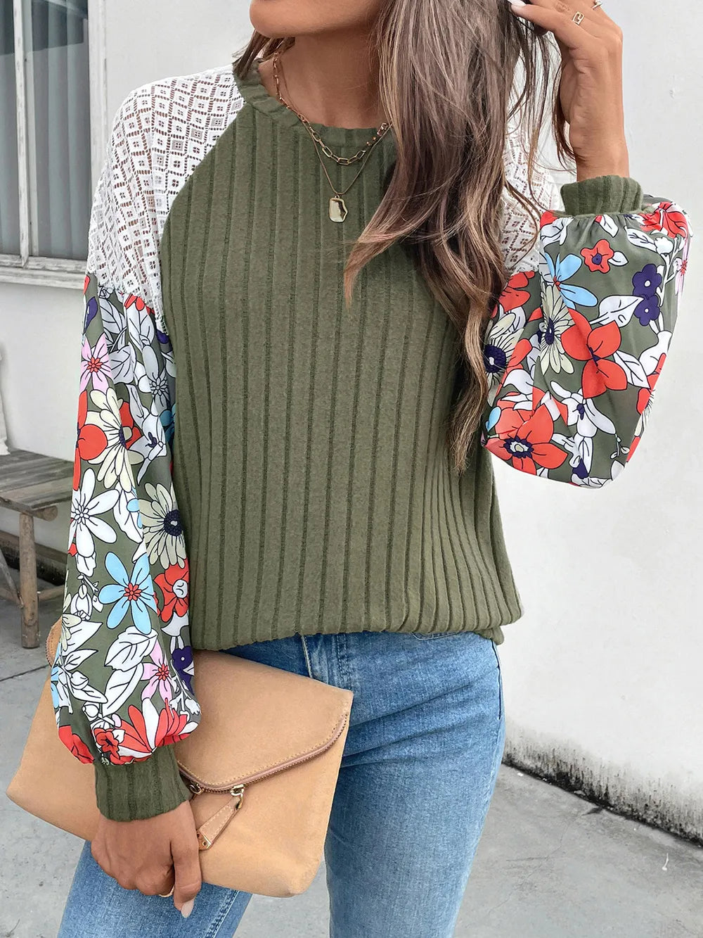 Perfee Printed Round Neck Long Sleeve Knit Top 