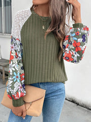 Perfee Printed Round Neck Long Sleeve Knit Top 