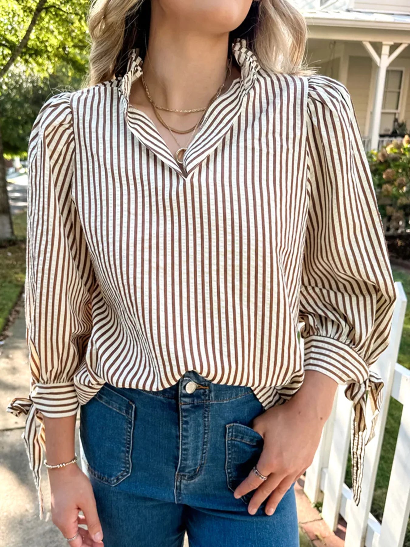 Striped Ruffled Neck Blouse with Tie Sleeves 