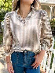 Striped Ruffled Neck Blouse with Tie Sleeves 